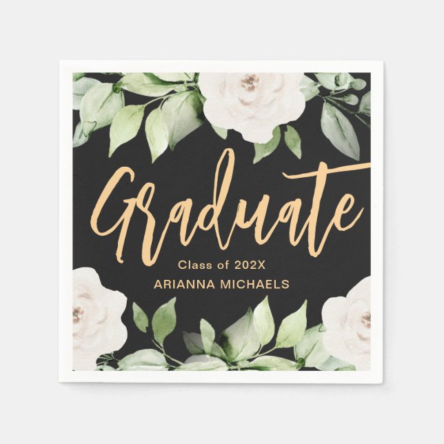Botanical Floral Graduate Script Graduation Black Napkin (Front)