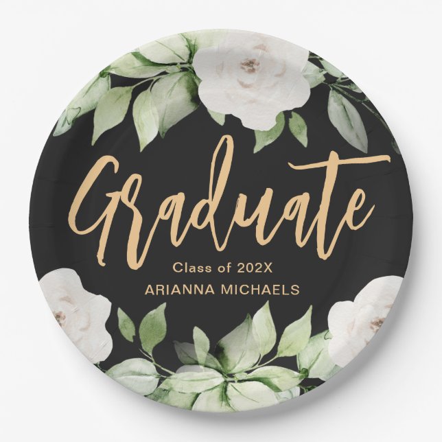 Botanical Floral Graduate Script Graduation Black Paper Plate (Front)