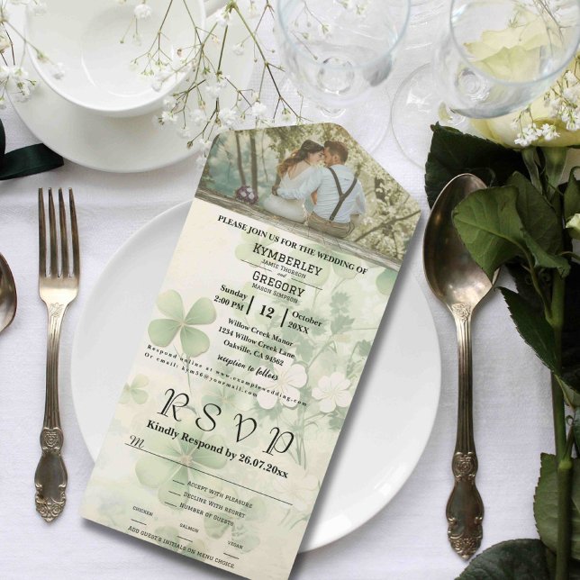Botanical Floral Green Chartreuse One Photo Irish All In One Invitation (Creator Uploaded)