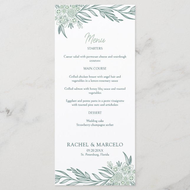 Botanical Floral Green Wedding Menu (Front)