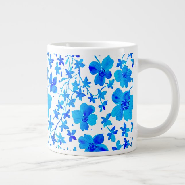 Botanical Floral in Deep Blue and White Large Coffee Mug (Right)