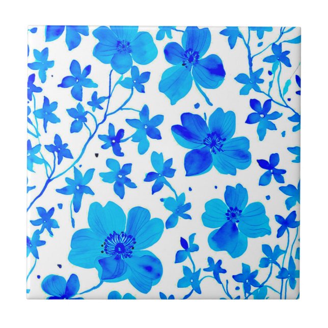 Botanical Floral in Deep Blue and White  Tile (Front)