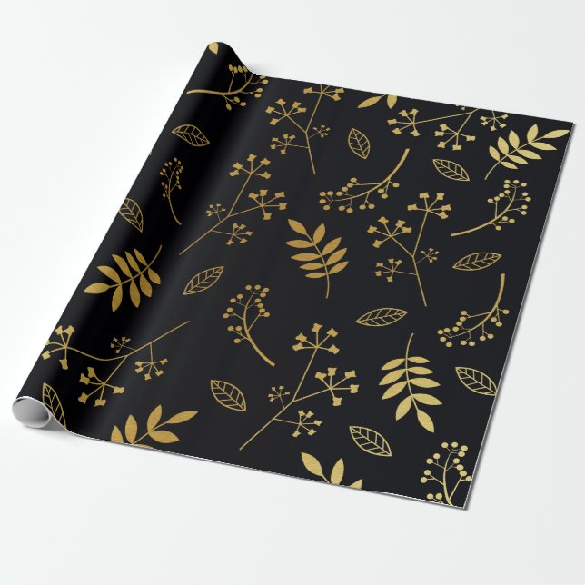 Botanical Floral Leaves Faux Gold Foil Black Wrapping Paper (Unrolled)