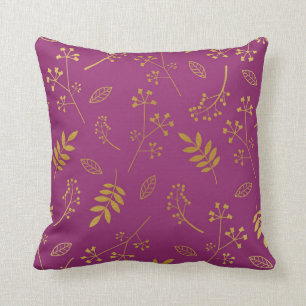 Botanical Floral Leaves Faux Gold Foil Purple Throw Pillow