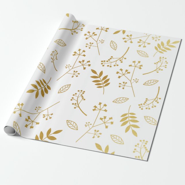 Botanical Floral Leaves Faux Gold Foil White Wrapping Paper (Unrolled)