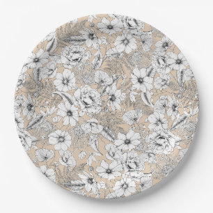 Botanical floral line drawing ferns tan beige paper plate