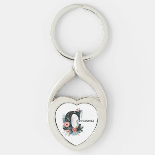 Botanical Floral Monogram Letter C Personalizable Keychain