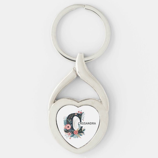 Botanical Floral Monogram Letter C Personalizable Keychain (Front)