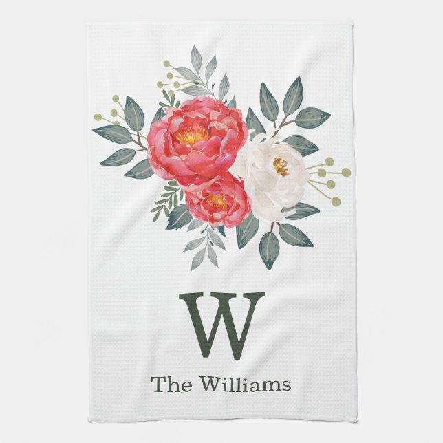 Botanical Floral Monogram / Red & White Flowers Kitchen Towel (Vertical)