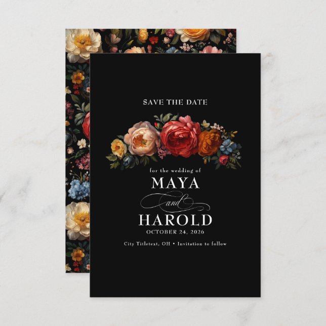 Botanical Floral Moody Black Chic Wedding Save The Date (Front/Back)