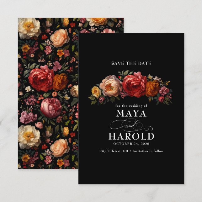 Botanical Floral Moody Black Chic Wedding Save The Date (Front/Back)