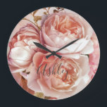 BOTANICAL FLORAL PEONY Name Monogram Large Clock<br><div class="desc">BOTANICAL FLORAL PEONY Name Monogram Large Wall Clock - Decorate your home in style with this gorgeous wall clock featuring a beautiful bouquet of pink roses and peony, over a beautiful pink and blue watercolor background. An elegant, white screened layer bordered by an inner faux gold leaf stroke frames the...</div>