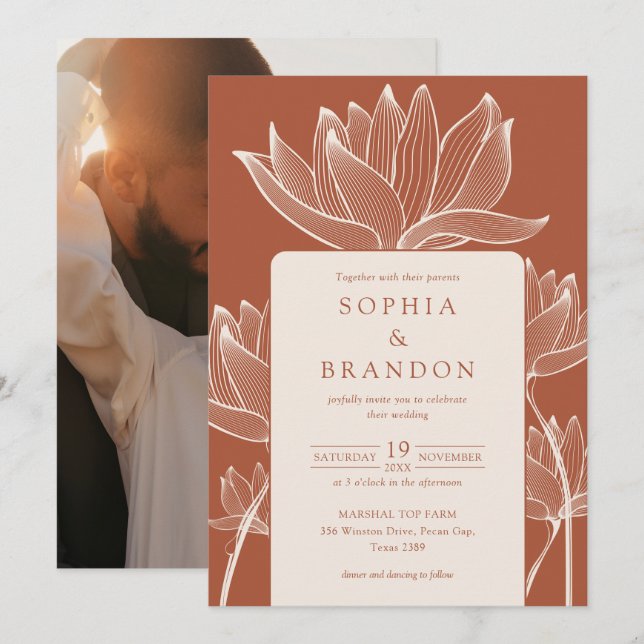 Botanical Floral Photo Terracotta Wedding Invitation (Front/Back)