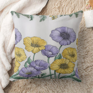 Botanical Floral Pillowcase – Purple & Yellow Hand Throw Pillow