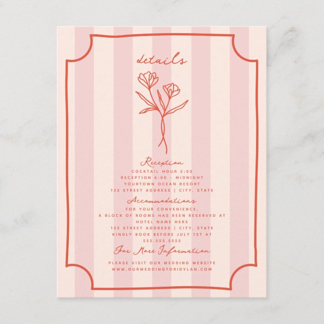 Botanical Floral Pink Stripe Wedding Details Enclosure Card (Front)