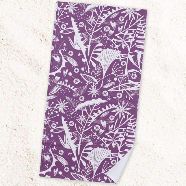 Botanical Floral Purple Beach Towel (Botanical wild flower floral beach towel in purple and white)