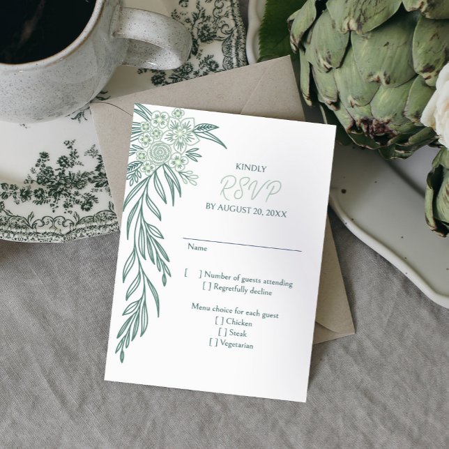 Botanical Floral Sage Mint Emerald Green Wedding RSVP Card (Creator Uploaded)