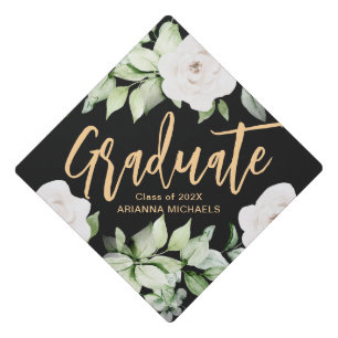 Botanical Floral Script with Name Black Graduation Cap Topper