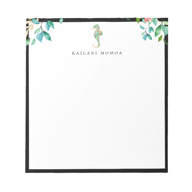 Botanical Floral Seahorse Black Frame Notepad (Front)