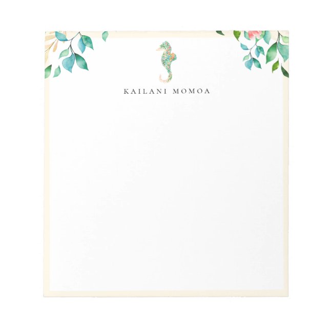 Botanical Floral Seahorse Sandy Beige Frame Notepad (Front)