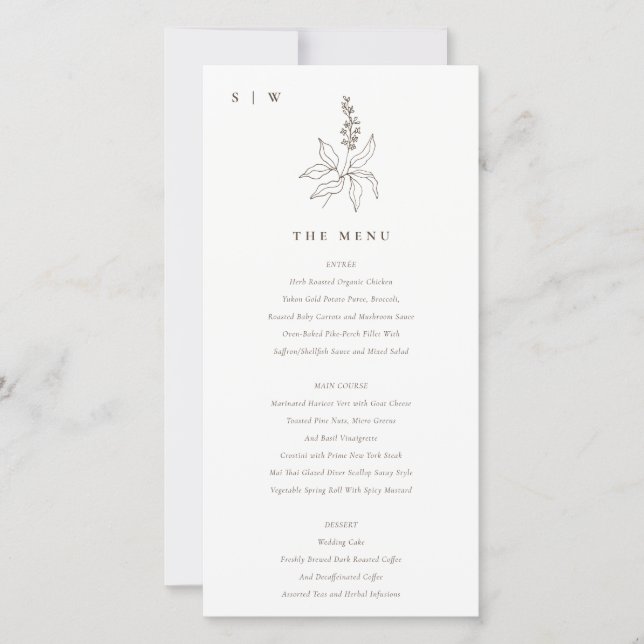 Botanical Floral Sketch Monogram Wedding Menu Card (Front)