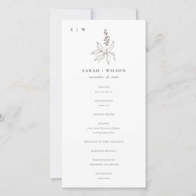 Botanical Floral Sketch Monogram Wedding Program (Front)