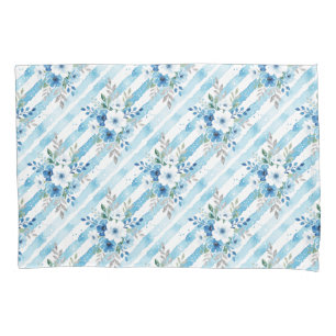 Botanical Floral Stripe Blue White Watercolor Pillowcase