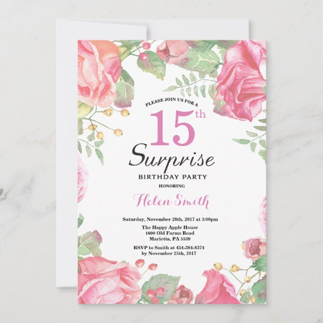Botanical Floral Surprise 15th Birthday Invitation (Front)