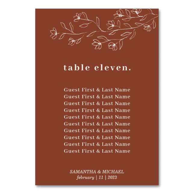 Botanical Floral Terracotta guests names seating Table Number (Front)