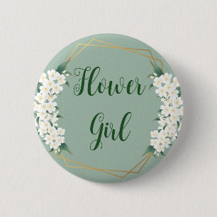 Botanical Floral White on Green Flower Girl 2 Inch Round Button