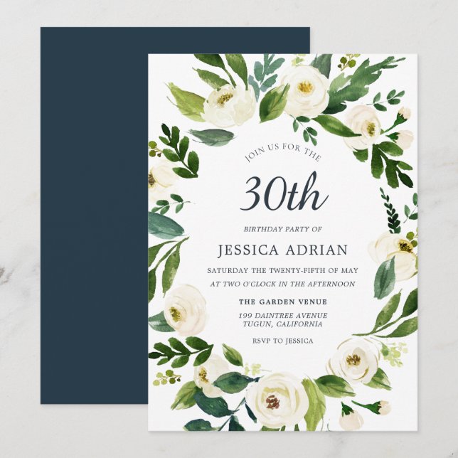 Botanical Floral Wreath 30th Birthday Party Invite (Front/Back)