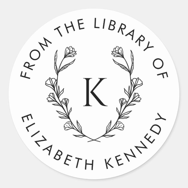Botanical Floral Wreath Initial Round Library Classic Round Sticker (Front)