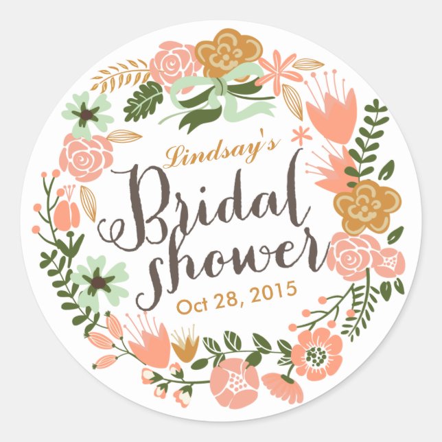 Botanical Floral Wreath Personalized Bridal Shower Classic Round Sticker (Front)