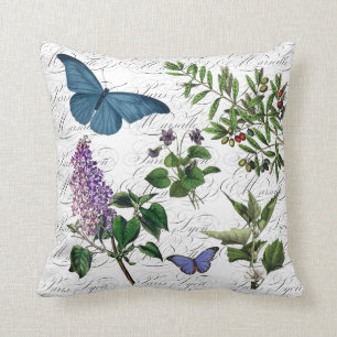 Botanical Flower Butterfly Print French Typography Throw Pillow
