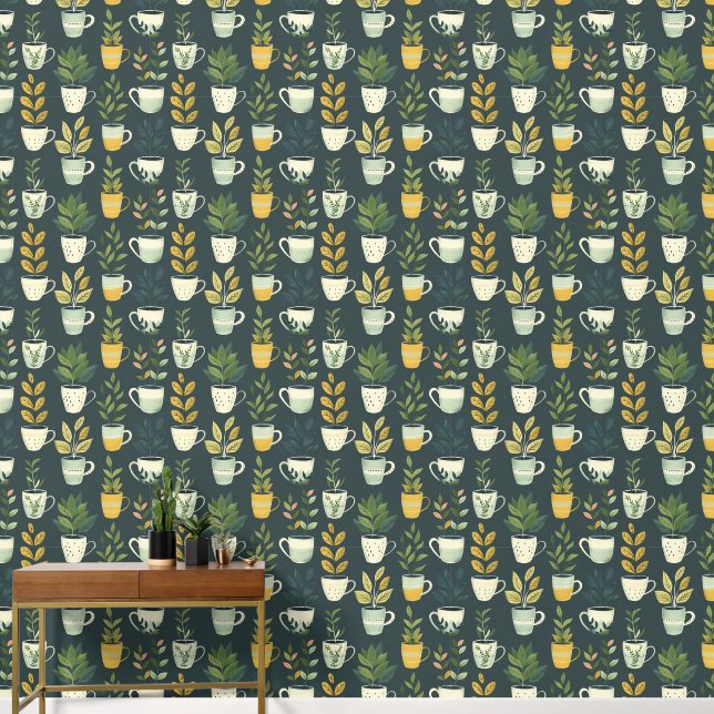 Botanical Flower Pots Plant Lovers Green Pattern Wallpaper (Hallway)