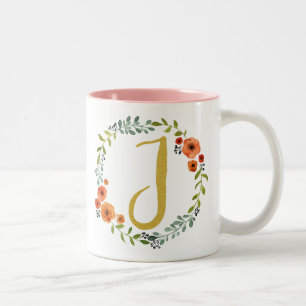 Botanical Flower Wreath Gold Monogram Initial J Two-Tone Coffee Mug