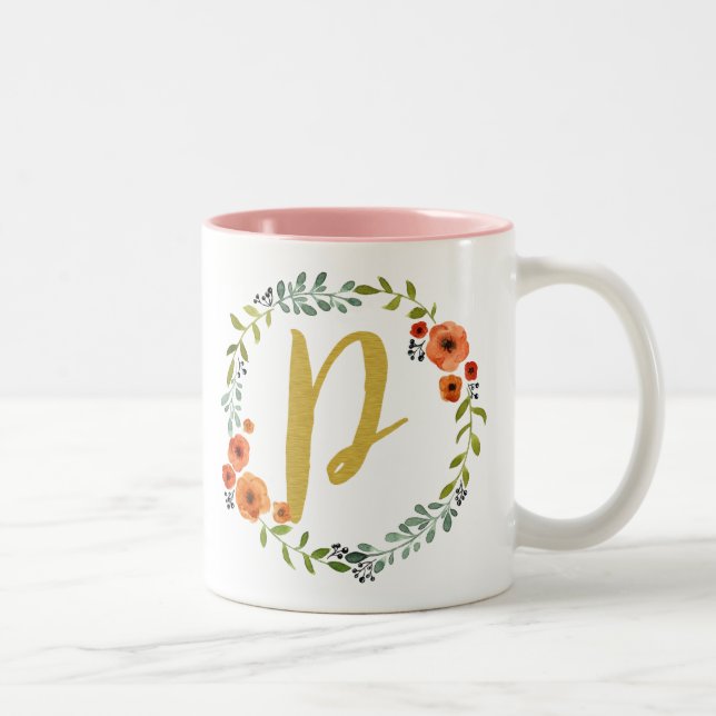 Botanical Flower Wreath Gold Monogram Initial P Two-Tone Coffee Mug (Right)