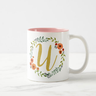 Botanical Flower Wreath Gold Monogram Initial U Two-Tone Coffee Mug