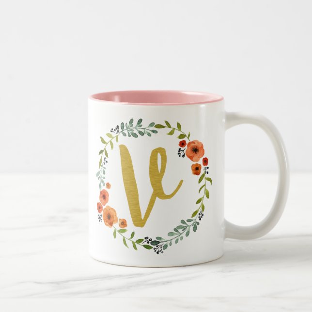 Botanical Flower Wreath Gold Monogram Initial V Two-Tone Coffee Mug (Right)