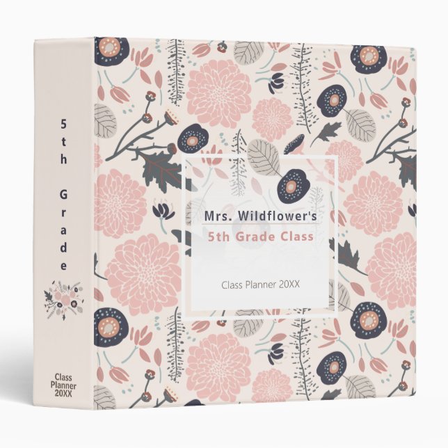 Botanical Flowers Floral Grey Pink Teacher Class Binder (Front/Spine)