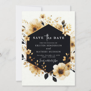 Botanical Flowers Gold and Black Wedding Save The Date