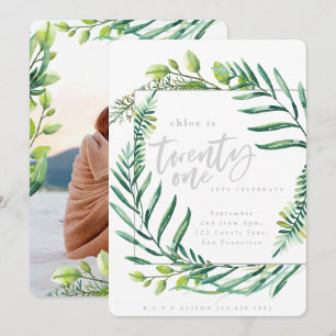 Botanical foliage 21st birthday photo invitation
