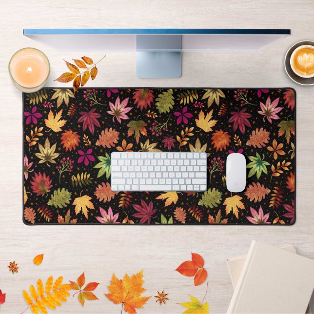 Botanical Foliage Autumn Leaves Pattern on Black Desk Mat (Botanical Foliage Autumn Leaves Pattern on Black Desk Mat)