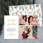 Botanical Foliage Elegant 3 Multi Photo Christmas Holiday Card<br><div class="desc">Modern Calligraphy Script Elegant Winter Foliage 3 Photo Collage Christmas Cards. This festive minimalist simple multi photo christmas cards features pretty three (3) grid photo collage, a „Merry Christmas” greeting text which is written in a nice cursive hand lettered swash tail font type in gold and white. On the backing...</div>