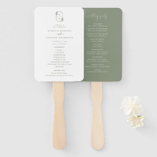 Botanical Foliage Monogram Wedding Program Hand Fan (Front and Back)