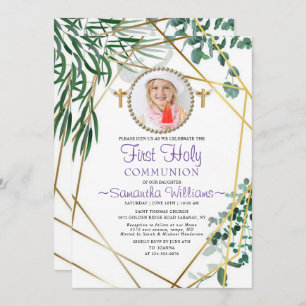 Botanical Foliage Photo First Communion Invitation