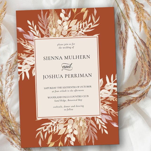 Botanical Foliage Terracotta Cream Wedding Invitation (Terracotta wedding invitation with neutral fall foliage and stylish framed design)