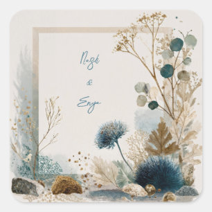 Botanical Folk Art Blue & Earth Wedding Square Sticker