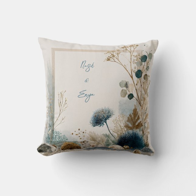Botanical Folk Art Blue & Earth Wedding Throw Pillow (Front)