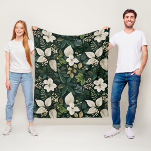 Botanical Forest Leaf White Floral Pattern Fleece Blanket
